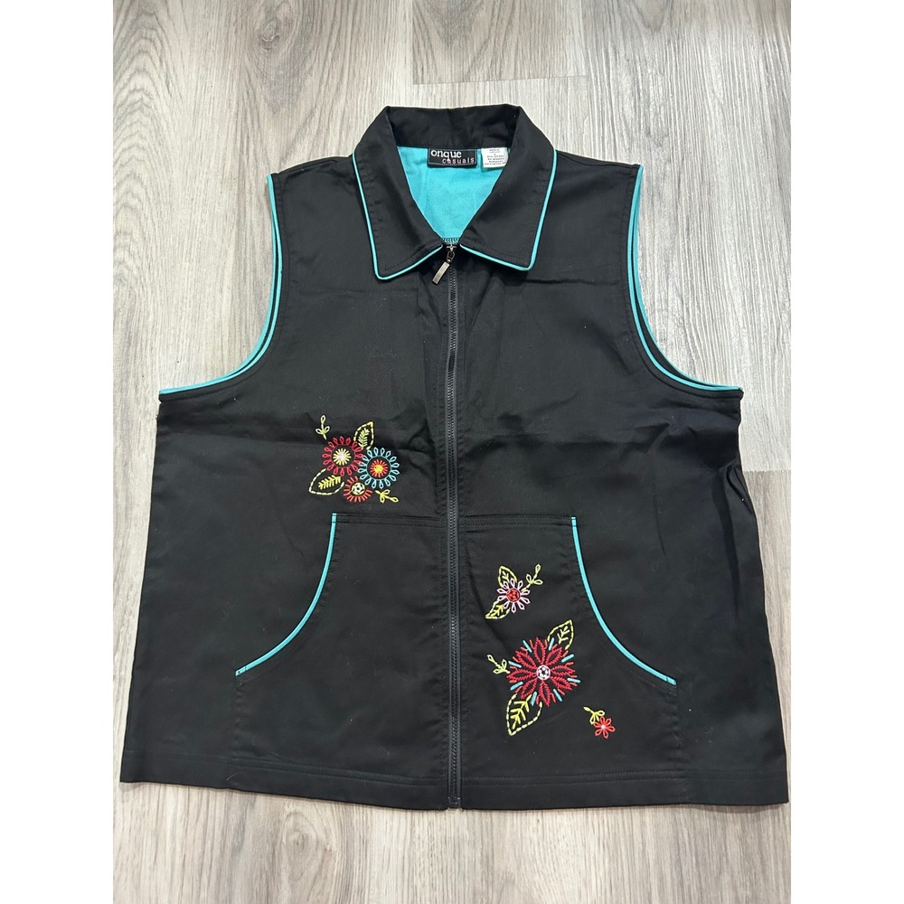 Onque Casuals Womens Floral Embroidered Zip Front Cotton Vest Large Black Teal